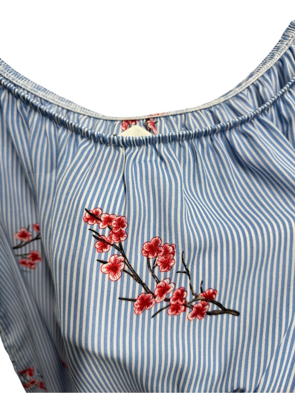 Satin Knit Pinstripe Floral Vines Off Shoulder Blouse Top - Picture 8 of 10
